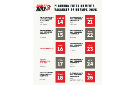 Planning des entrainements pendant les vacances de printemps